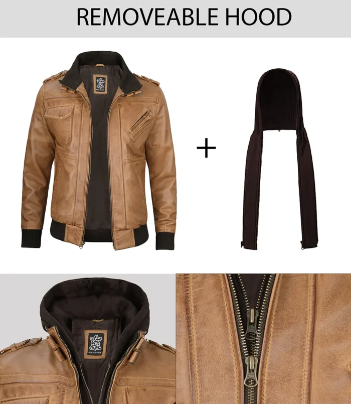 Men s Premium Camel Brown Bomber Leather Jacket with Hood Ahmed Merchandising Co